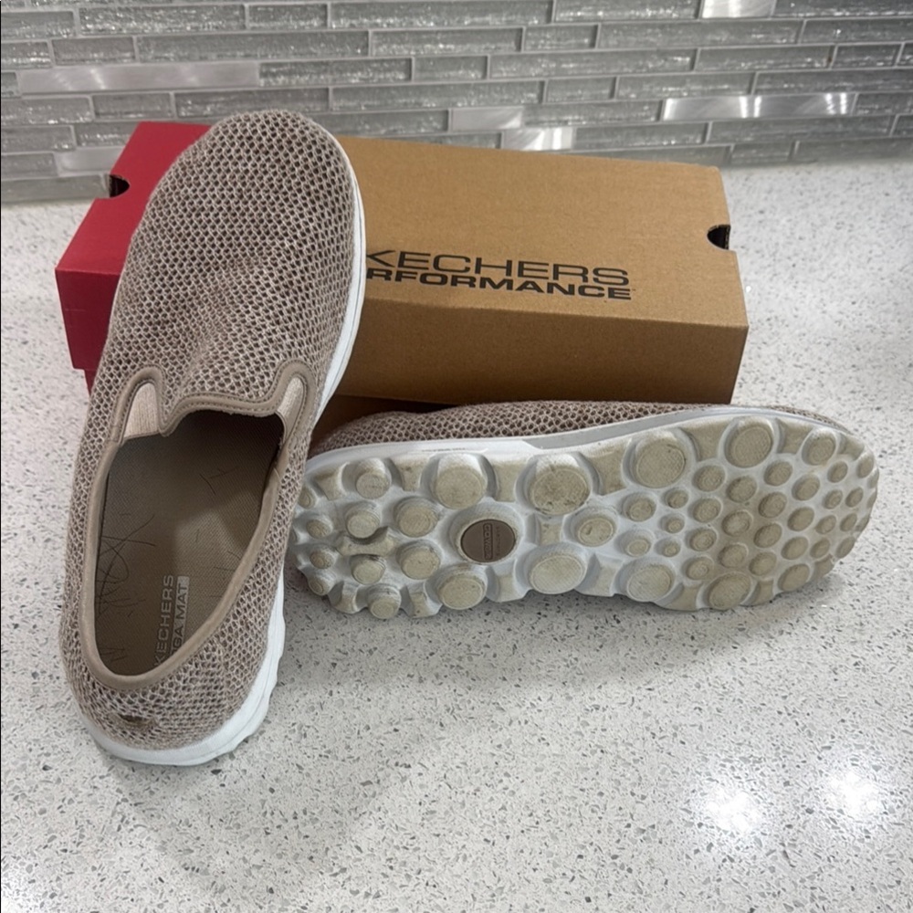 Skechers Tan and White Slip-On Sneakers - Picture 2 of 3
